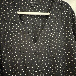 Madewell 100% Silk Star Scatter Black & White Star Blouse Tie Sleeves XL EUC